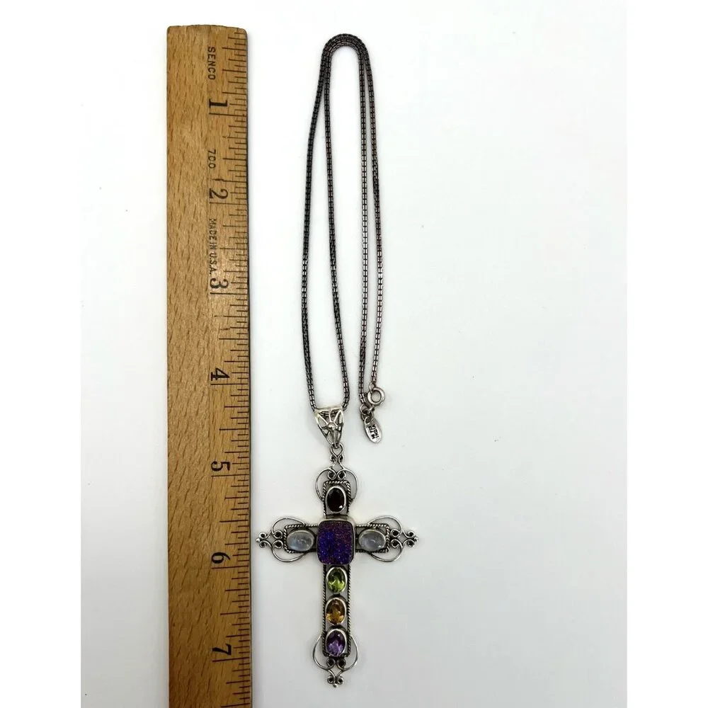 NICKY BUTLER 925 Silver Druzy Gemstone Cross Pendant Necklace - Picture 12 of 15